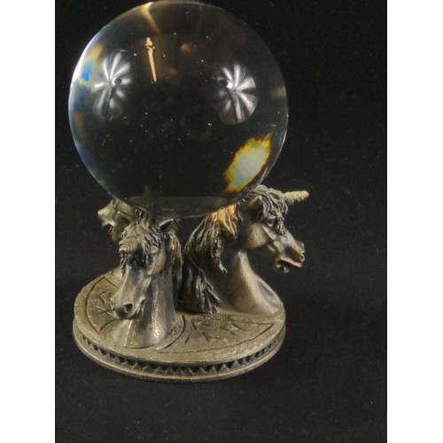 637 - Unicorn crystal ball holder with crystal ball, by The Tudor Mint, overall height 12cm