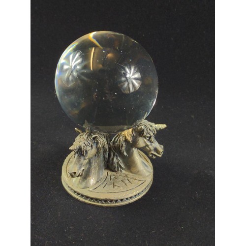 637 - Unicorn crystal ball holder with crystal ball, by The Tudor Mint, overall height 12cm