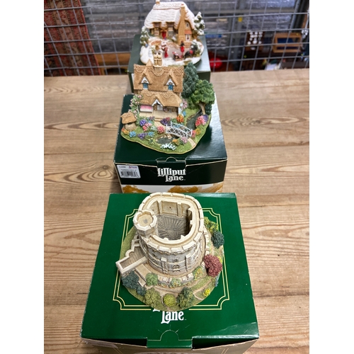 891 - Three Lilliput Lane collectors cottages Inc, Round Tower Windsor Castle, Wishing Well & Flower B... 