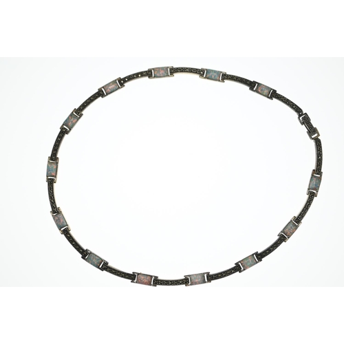 1024 - Hallmarked silver, opal and marcasite link necklace, circumference 400mm