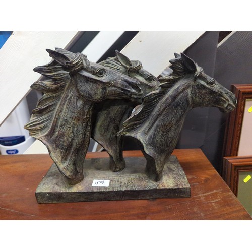 1179 - Sculpture of three horse heads on wooden plinth by Libra 'Distinctive Interiors' W46 x H32cm