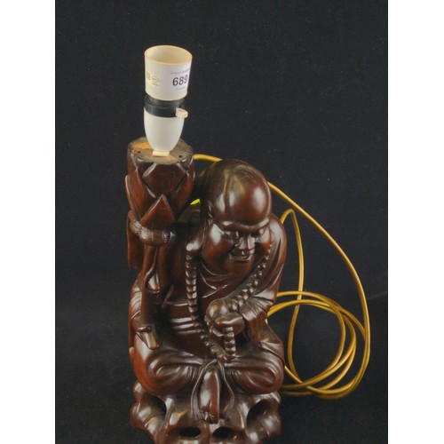 689 - Carved wooden buddha lamp base H45cm 