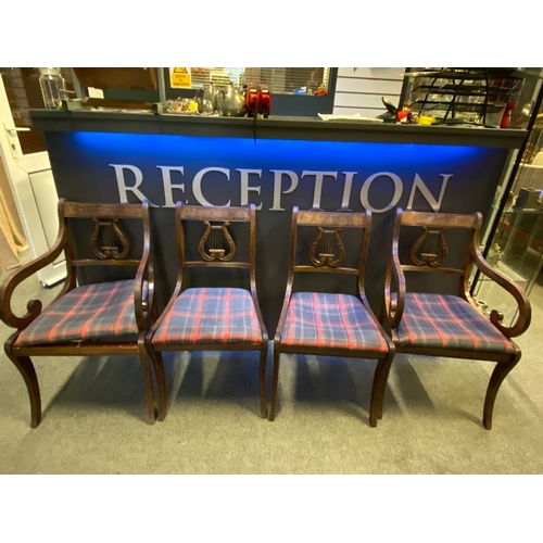 709 - Two mahogany carver chairs and two dining chairs. Upholstered in tartan with Lyre style inserts to b... 