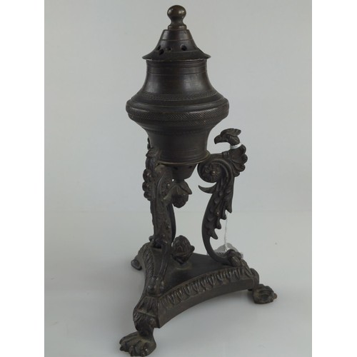 1016 - C19th bronze pastille burner with lions paw feet, acanthus finials and eagle head supports, height 2... 