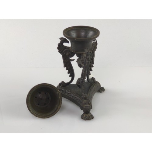 1016 - C19th bronze pastille burner with lions paw feet, acanthus finials and eagle head supports, height 2... 