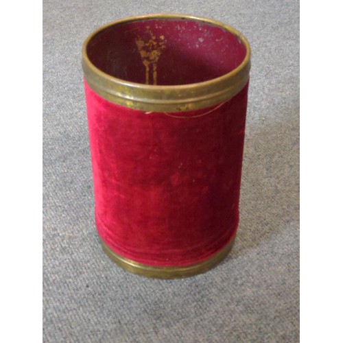 696 - Brass wastepaper bin with velvet wrapping