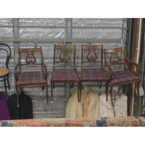 709 - Two mahogany carver chairs and two dining chairs. Upholstered in tartan with Lyre style inserts to b... 