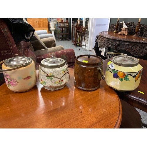 1190 - Four 1930's lidded biscuit barrels all with handles. Flosmaroh, Burgess etc..,