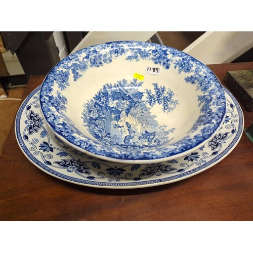 1189 - T B & S Indian Ornamental large blue and white meat plate and a large blue and white serving bow... 