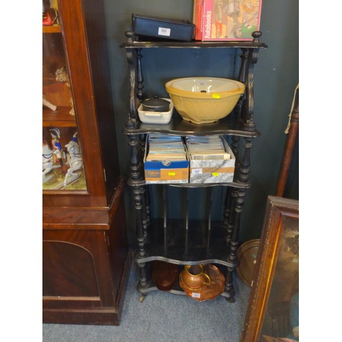 589 - Ebonised wotnot with five shelves, inc. newspaper rack,  W48 D31 H121cm 