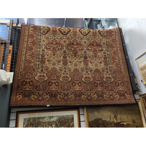 1174 - Large Prado rug 290 x 200 in red with black border and detail. Condition is good.