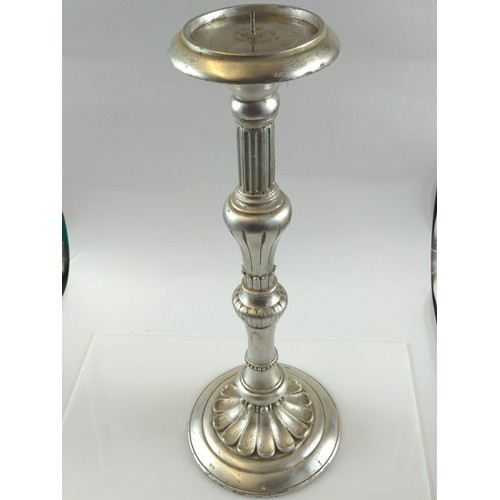 621 - Aluminium reindeer candelabra and ornate silver gilt resin candlestick, height of reindeer 49cm