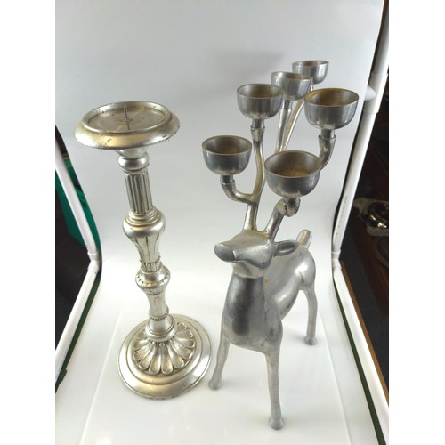 621 - Aluminium reindeer candelabra and ornate silver gilt resin candlestick, height of reindeer 49cm