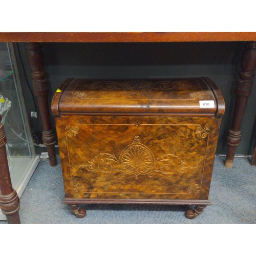 630 - Walnut veneered sheet music box with gilt decoration, on enamel casters, lock but no key W46 x D26 x... 