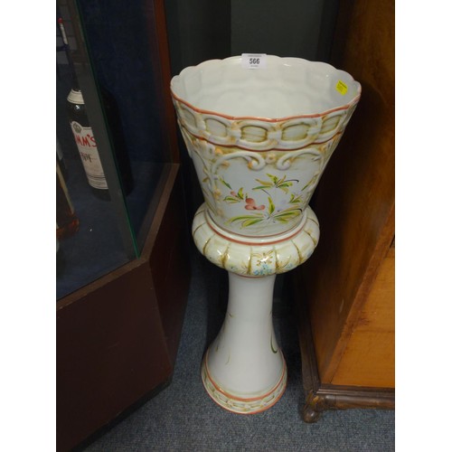 566 - Hand painted Portuguese jardinière with stand, total height 74cm