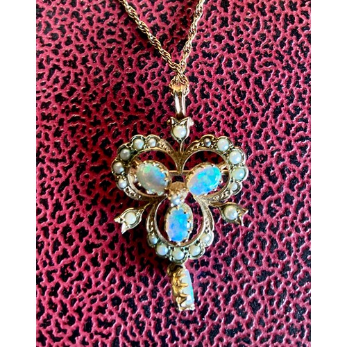 1023 - 9ct gold Victorian style opal and seed pearl trefoil pendant brooch on 9ct gold chain, with matching... 