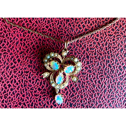 1023 - 9ct gold Victorian style opal and seed pearl trefoil pendant brooch on 9ct gold chain, with matching... 