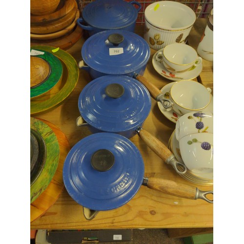 144 - 3 x blue Le Creuset saucepans + 1 cooking pot, largest D20cm