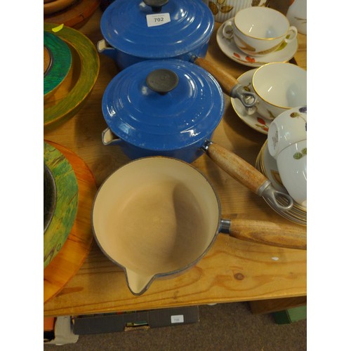 144 - 3 x blue Le Creuset saucepans + 1 cooking pot, largest D20cm