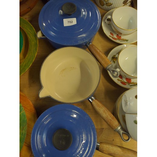 144 - 3 x blue Le Creuset saucepans + 1 cooking pot, largest D20cm