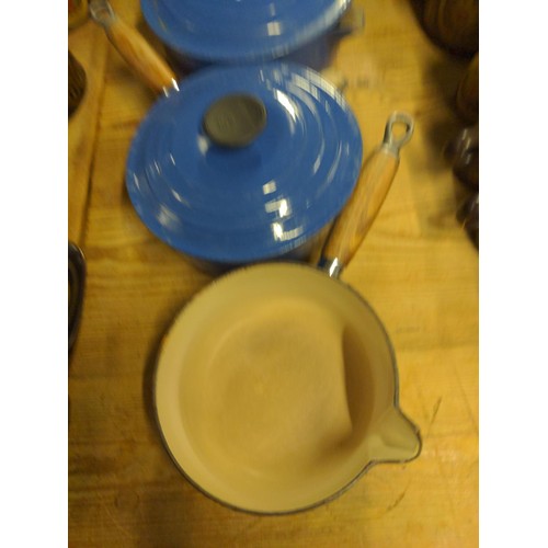 144 - 3 x blue Le Creuset saucepans + 1 cooking pot, largest D20cm