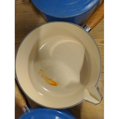 144 - 3 x blue Le Creuset saucepans + 1 cooking pot, largest D20cm