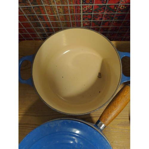 144 - 3 x blue Le Creuset saucepans + 1 cooking pot, largest D20cm