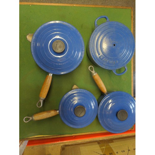 144 - 3 x blue Le Creuset saucepans + 1 cooking pot, largest D20cm