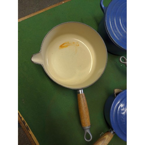 144 - 3 x blue Le Creuset saucepans + 1 cooking pot, largest D20cm