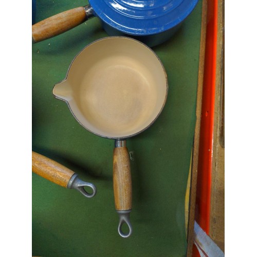 144 - 3 x blue Le Creuset saucepans + 1 cooking pot, largest D20cm