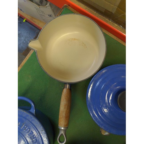 144 - 3 x blue Le Creuset saucepans + 1 cooking pot, largest D20cm