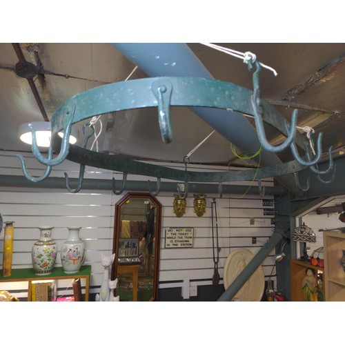 523 - Iron hanging pan rack/game hanger with fourteen hooks, length 84cm x width 56cm