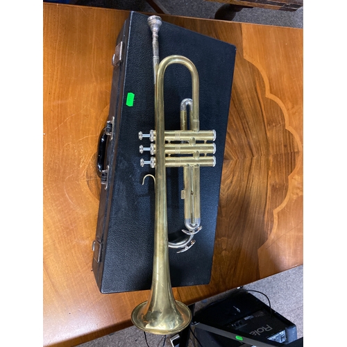 605 - John Grey and Sons Kansas brass trumpet and hard case. L56 cm