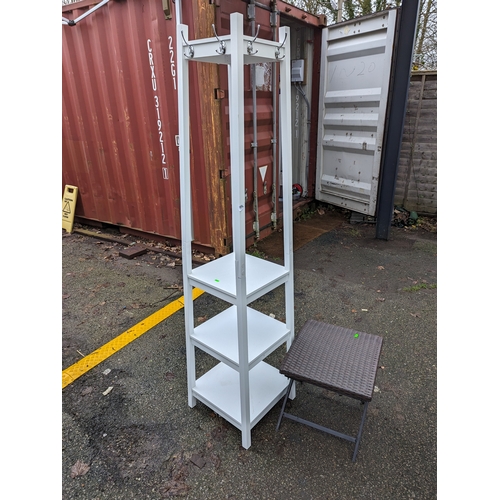 189 - Freestanding 3 tier coat rack together with folding rattan topped stool