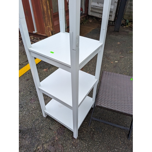 189 - Freestanding 3 tier coat rack together with folding rattan topped stool