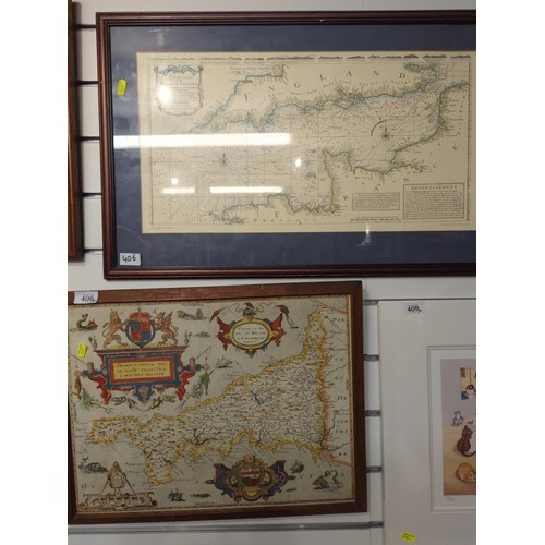 406 - Three framed maps of Devon, Cornwall and the English Channel, largest 73 x 46cm