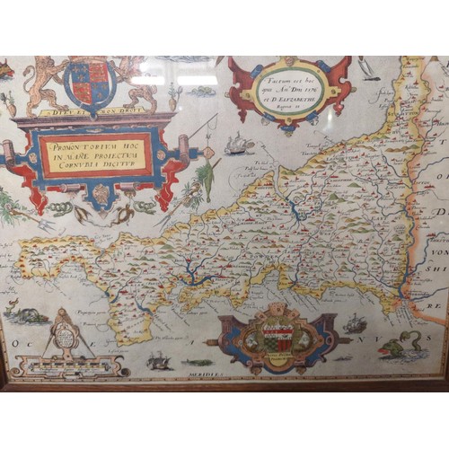 406 - Three framed maps of Devon, Cornwall and the English Channel, largest 73 x 46cm