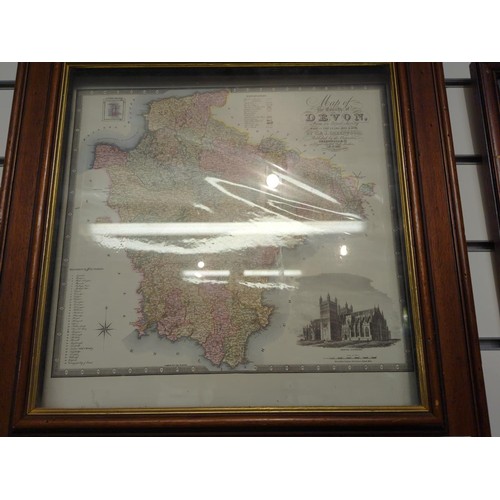 406 - Three framed maps of Devon, Cornwall and the English Channel, largest 73 x 46cm