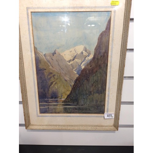 407 - Elsie M. Dixon (1894-1972) watercolour of Mount Cook, South Island, New Zealand, monogrammed lower r... 