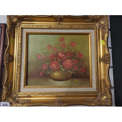 408 - Still life floral oil on canvas in gilt frame, signed lower right Blaine, 45 x 40cm