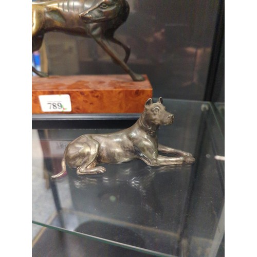 789 - Cast metal greyhound on plinth together (ht. 15.5cm) with a cast metal Great Dane