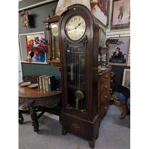 838 - Early C20 oak cased grandfather clock. With pendulum and weights. 197cm high