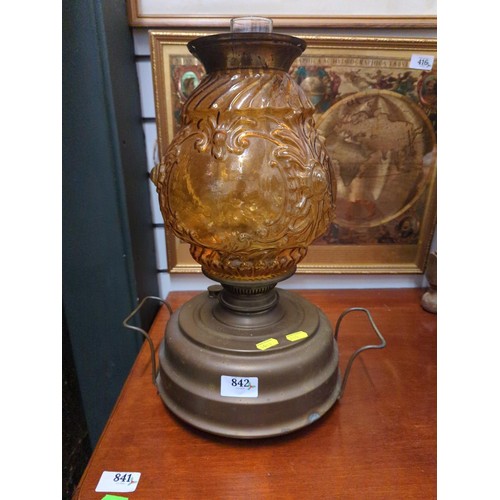 842 - C19th brass oil lamp with decorative amber glass shade, overall height approx. 40cm