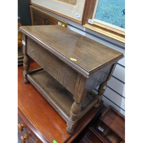 843 - Old charm style workbox/table with some haberdashery contents