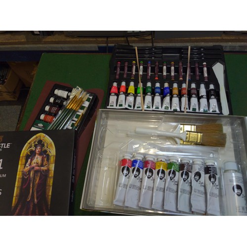 102 - Various paints & brushes, inc. watercolour, Bob Ross paint set etc.