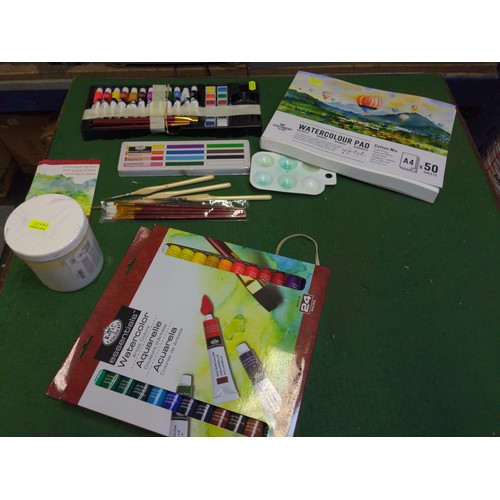 102 - Various paints & brushes, inc. watercolour, Bob Ross paint set etc.