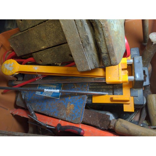 120 - Box of tools inc. Large bench vice, hands tools, staple gun, level etc.