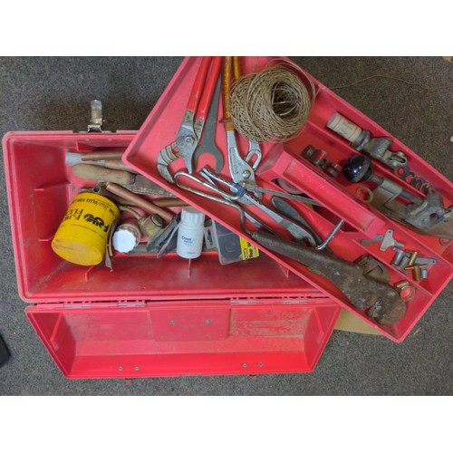 125 - 3x boxes of various hand tools inc. socket sets, staple gun, set square etc.