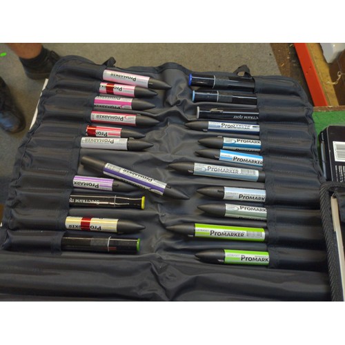 172 - Box of various art materials, brushes, canvases etc) together with Pro Marker pen set