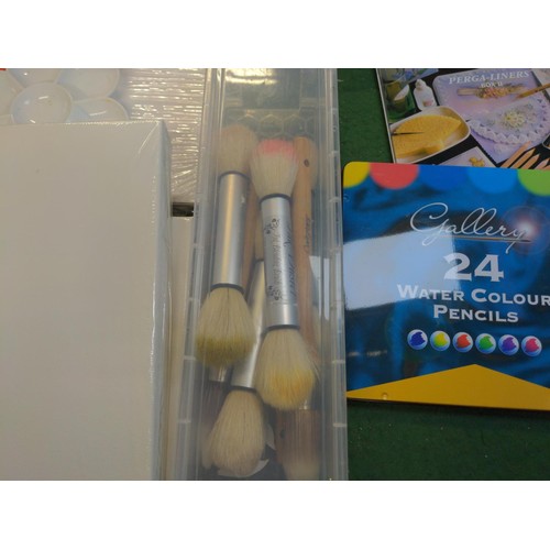 172 - Box of various art materials, brushes, canvases etc) together with Pro Marker pen set